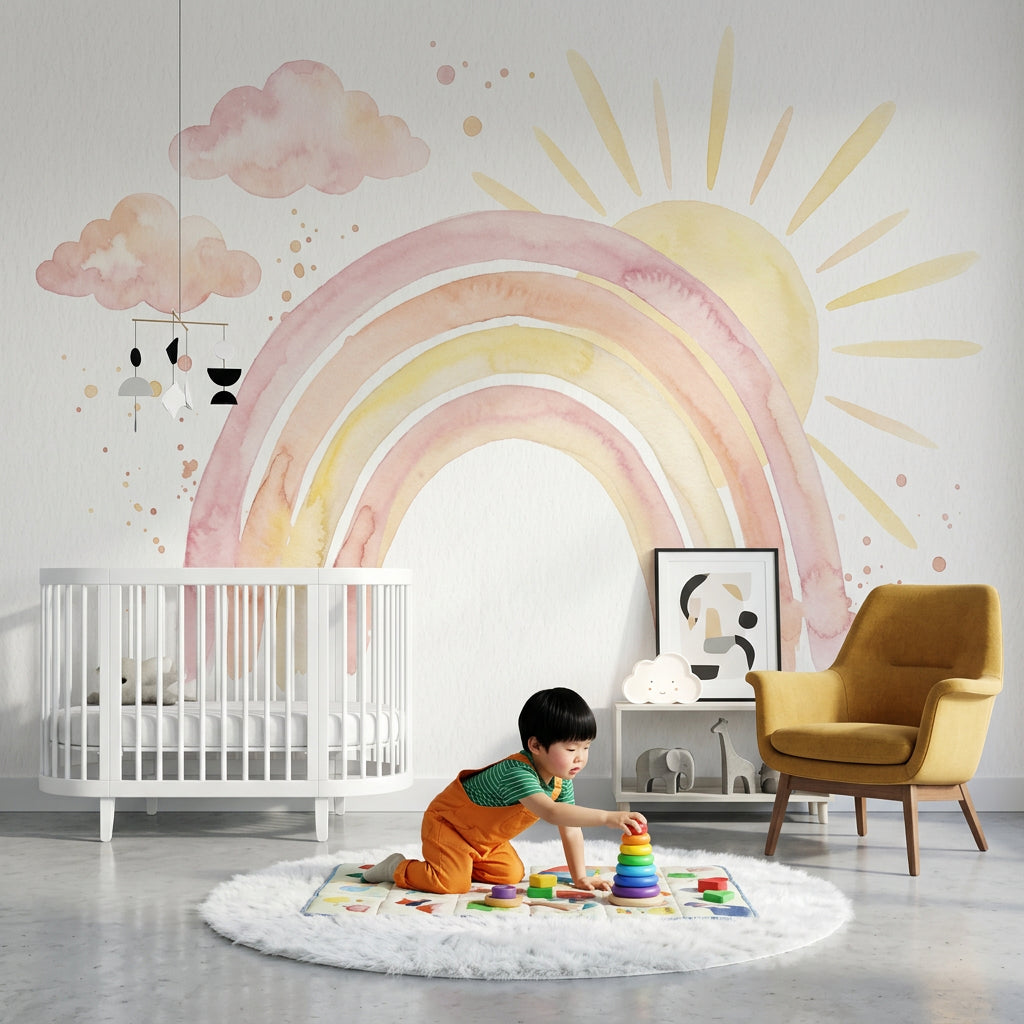 Pastel Rainbow Wallpaper Watercolor Sun Rays Removable Wall Decor