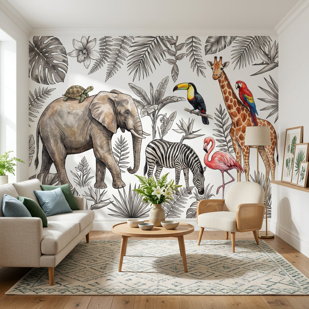 White Background Wallpaper Neutral Tropical Removable Wall Decor
