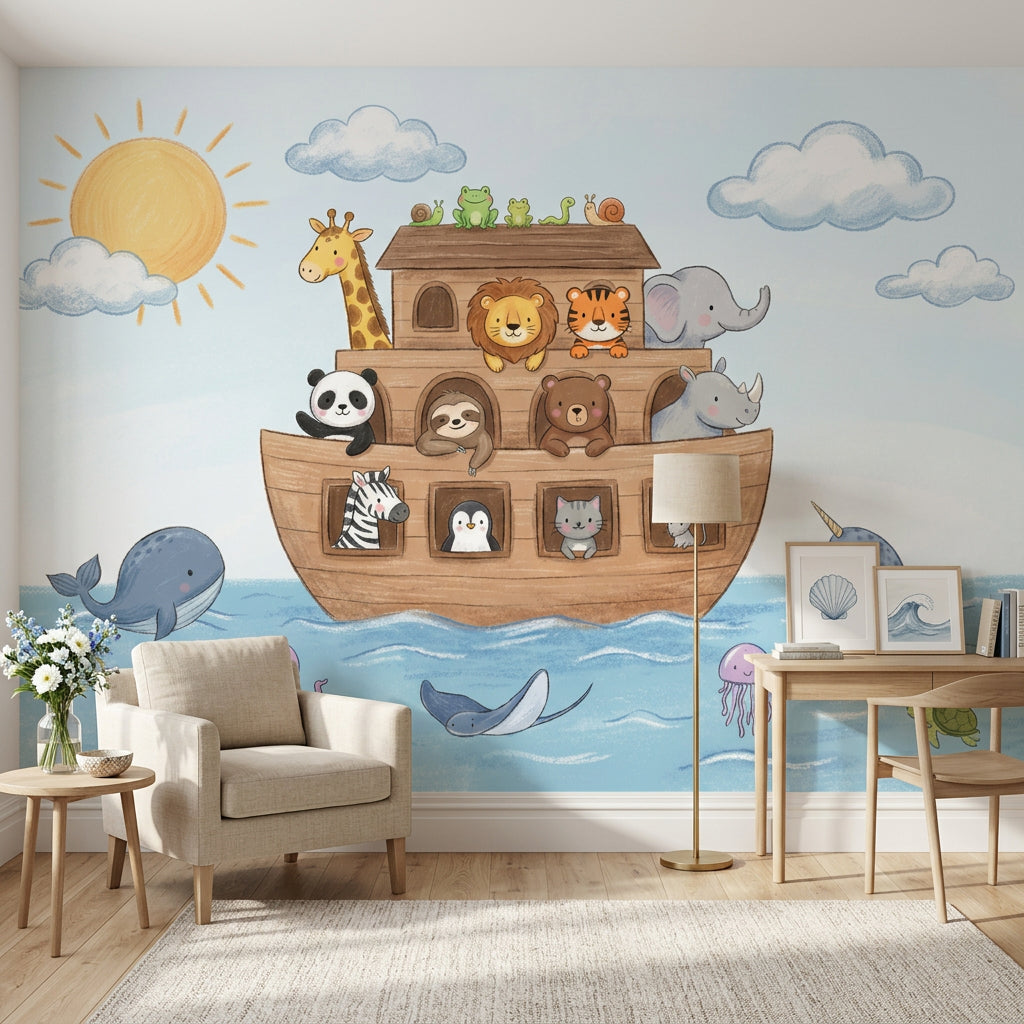 Noahs Ark Wallpaper Cute Animals Ocean Removable Wall Decor