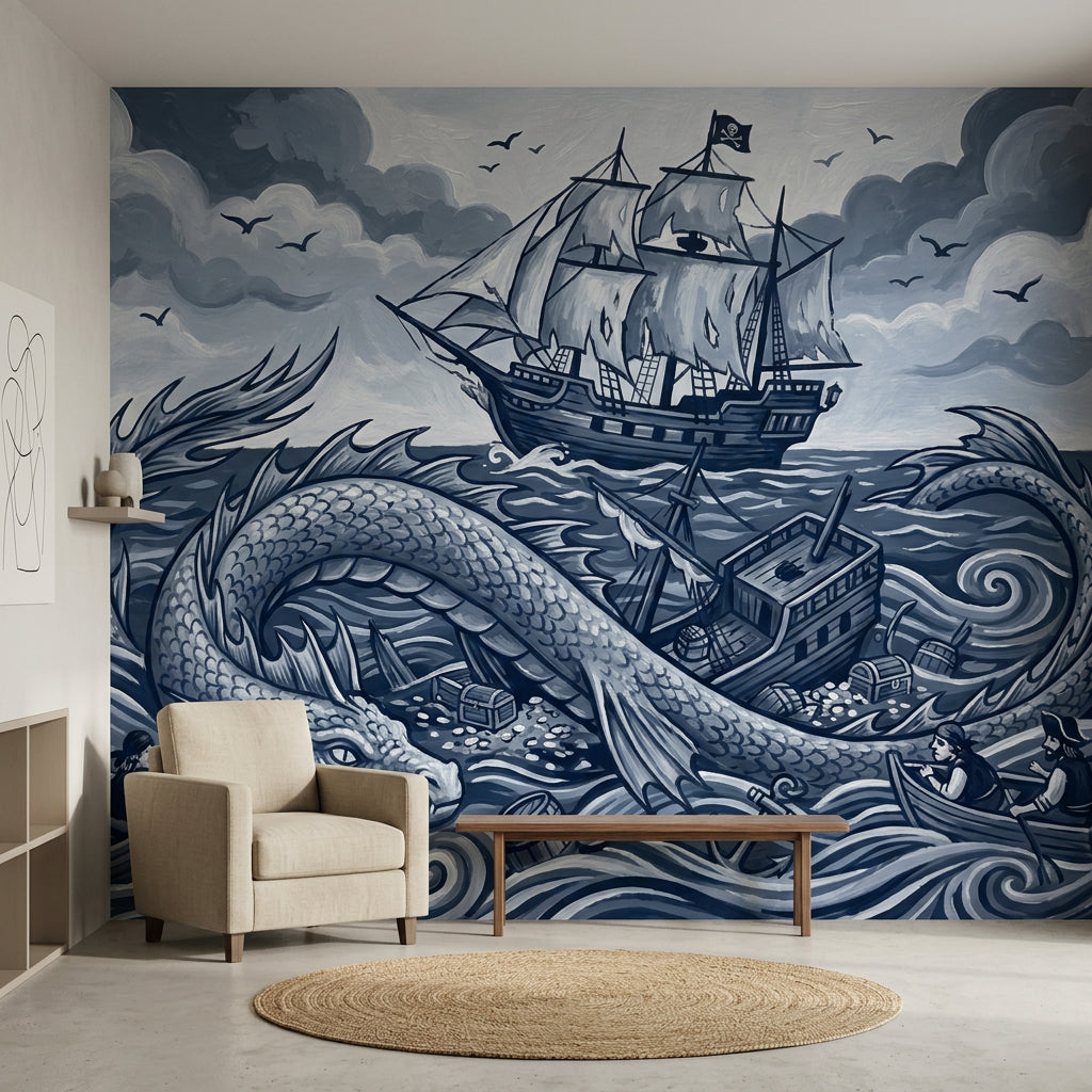 Pirate Ship Wallpaper Sea Serpent Removable Stormy Ocean Wall Decor