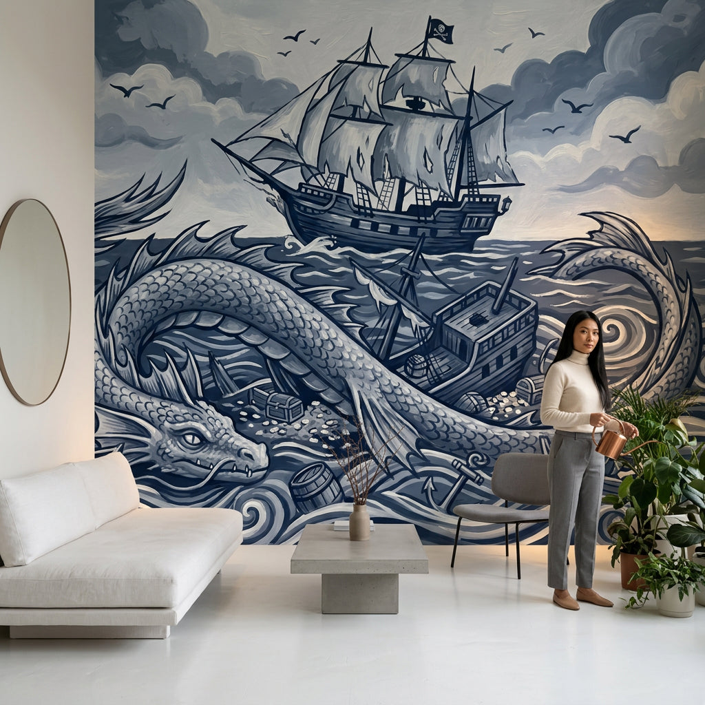 Pirate Ship Wallpaper Sea Serpent Removable Stormy Ocean Wall Decor
