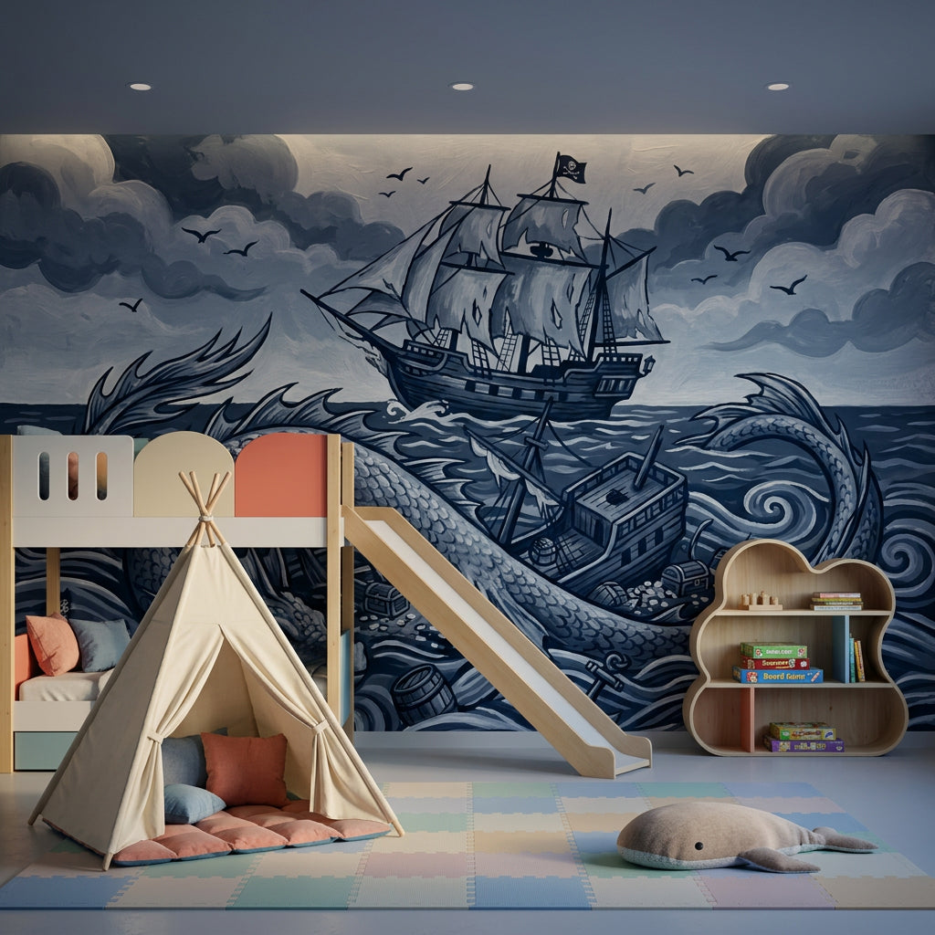 Pirate Ship Wallpaper Sea Serpent Removable Stormy Ocean Wall Decor