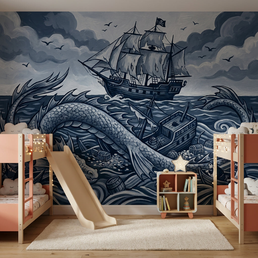 Pirate Ship Wallpaper Sea Serpent Removable Stormy Ocean Wall Decor