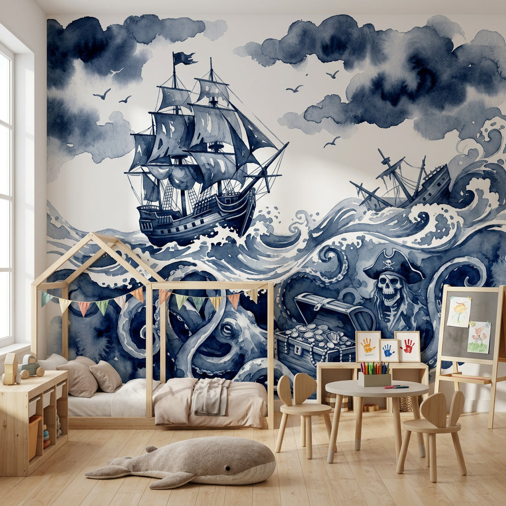 Pirate Ship Wallpaper Stormy Sea Kraken Octopus Removable Wall Decor