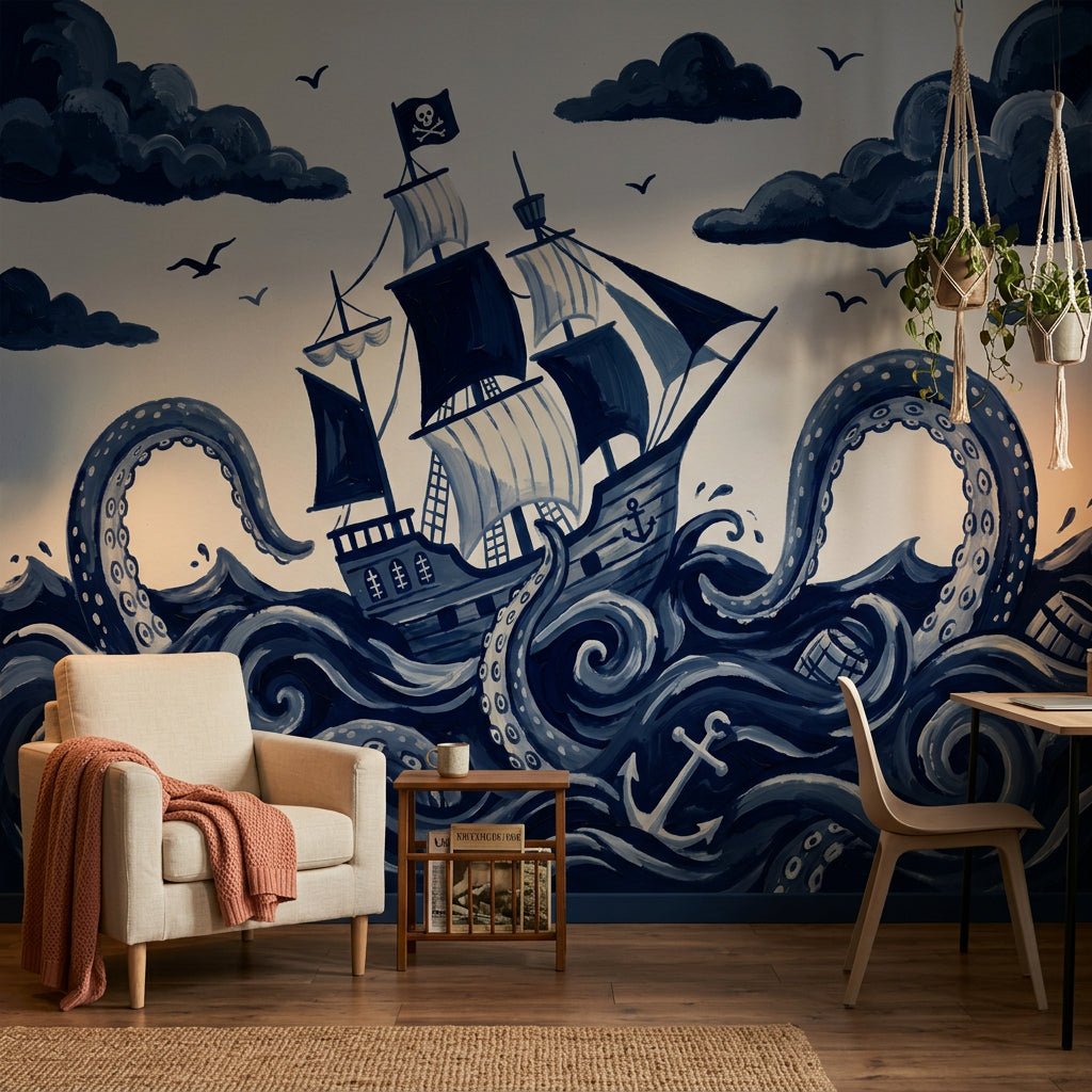 Pirate Ship Wallpaper Dark Nautical Removable Kraken Octopus Tentacles Wall Decor