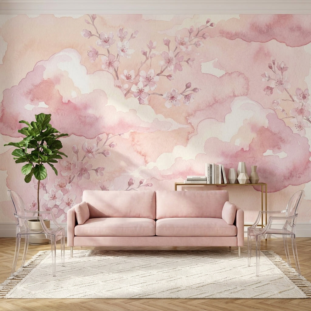 Cherry Blossoms Wallpaper Pink Clouds Removable Soft Pastel Wall Decor
