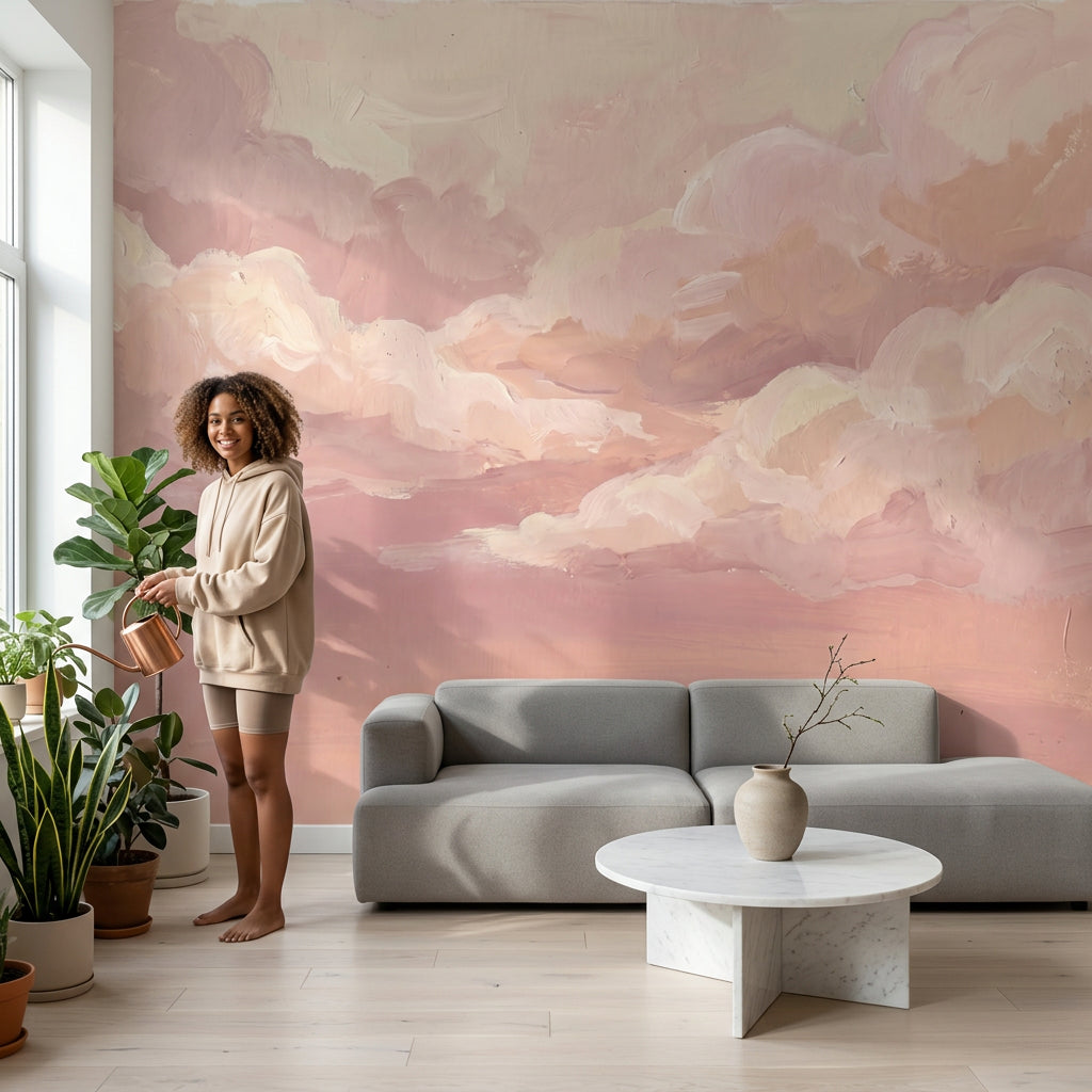 Pink Clouds Wallpaper Pastel Sky Sunset Haze Removable Wall Decor