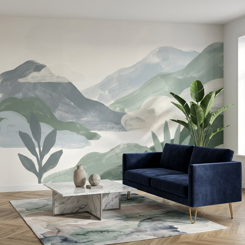 Minimalist Landscape Wallpaper Layered Mountains Removable Misty Hills Wall Decor