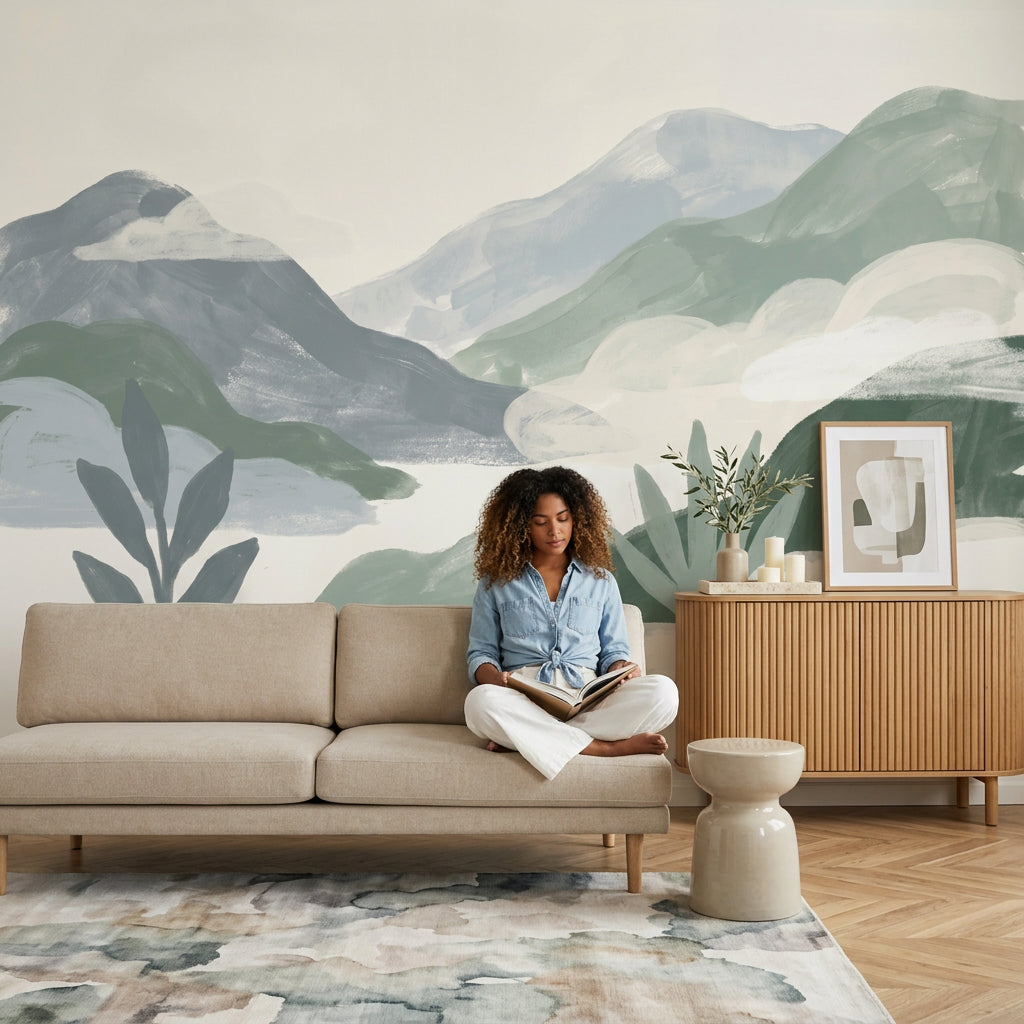 Minimalist Landscape Wallpaper Layered Mountains Removable Misty Hills Wall Decor