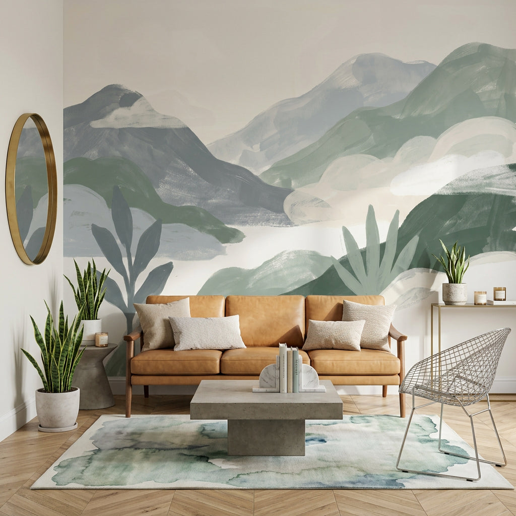 Minimalist Landscape Wallpaper Layered Mountains Removable Misty Hills Wall Decor