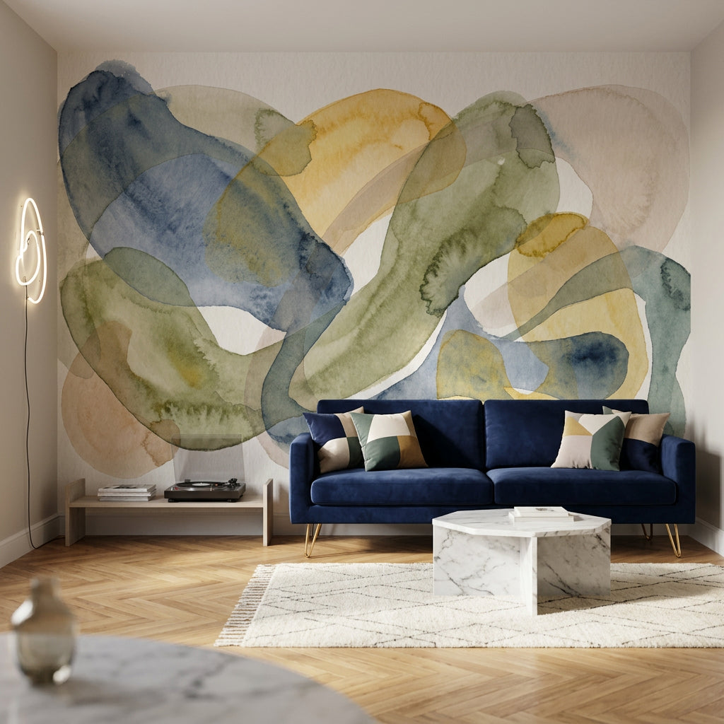 Abstract Watercolor Wallpaper Overlapping Loops Organic Shapes Wall Mural