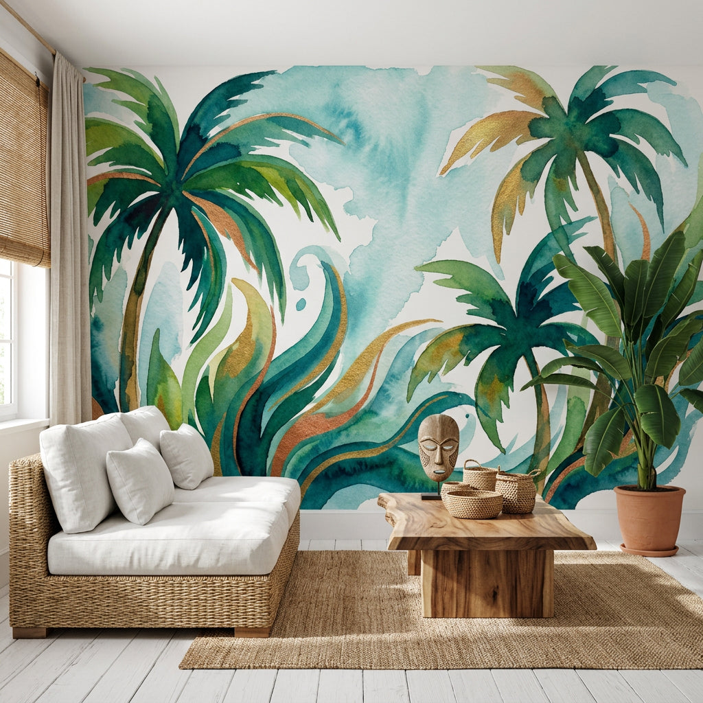 Tropical Wallpaper Palm Trees Watercolor Removable Wall Decor