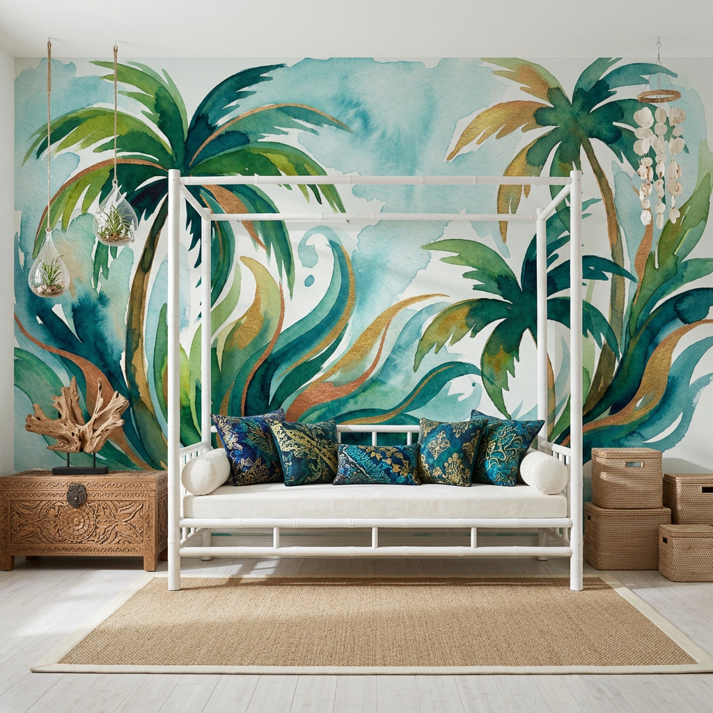Tropical Wallpaper Palm Trees Watercolor Removable Wall Decor