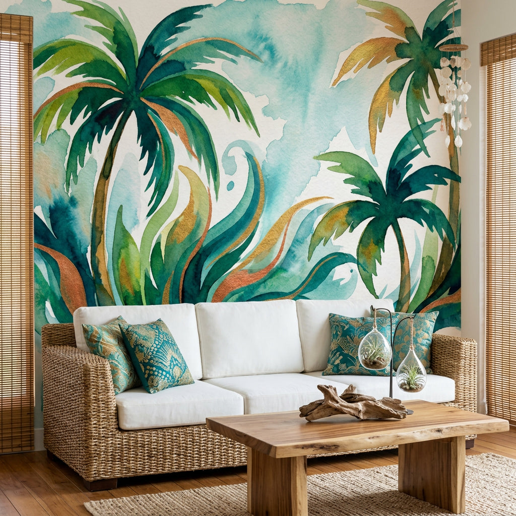 Tropical Wallpaper Palm Trees Watercolor Removable Wall Decor