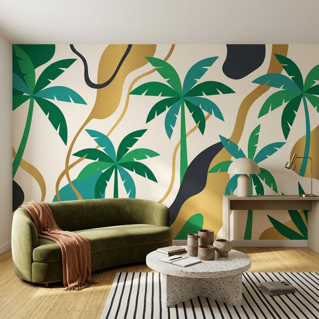 Tropical Palm Trees Wallpaper Green And Teal Abstract Waves Wall Mural