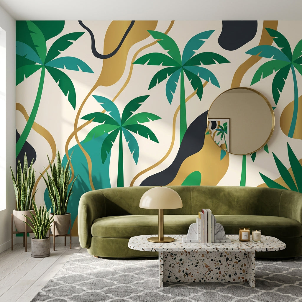 Tropical Palm Trees Wallpaper Green And Teal Abstract Waves Wall Mural