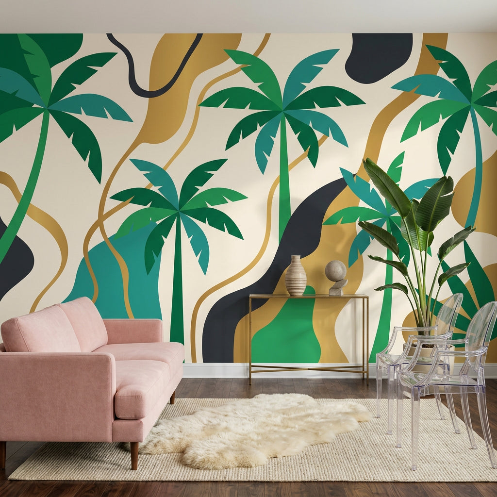 Tropical Palm Trees Wallpaper Green And Teal Abstract Waves Wall Mural