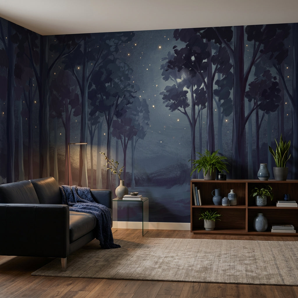 Night Forest Wallpaper Mist Fireflies Wall Mural