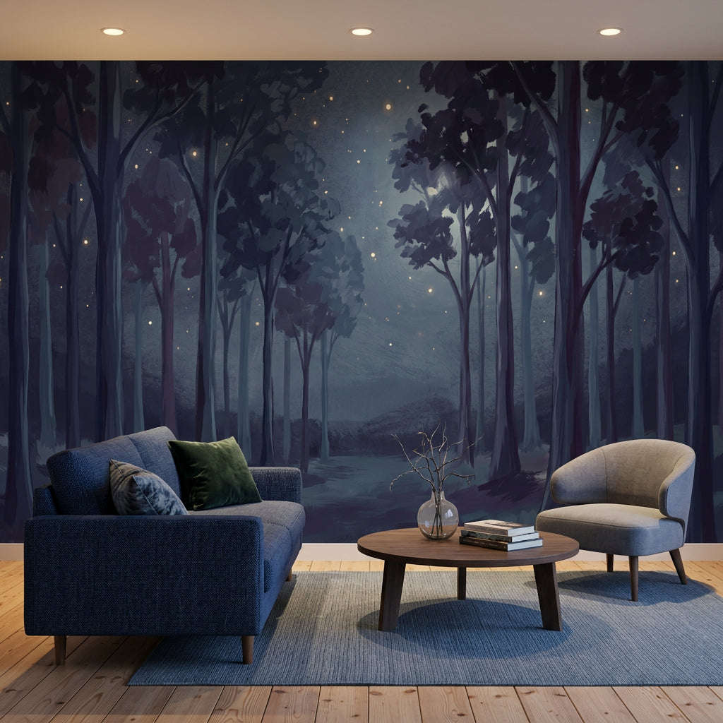Night Forest Wallpaper Mist Fireflies Wall Mural