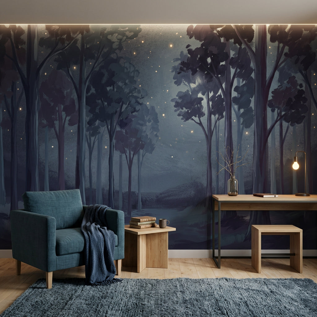 Night Forest Wallpaper Mist Fireflies Wall Mural