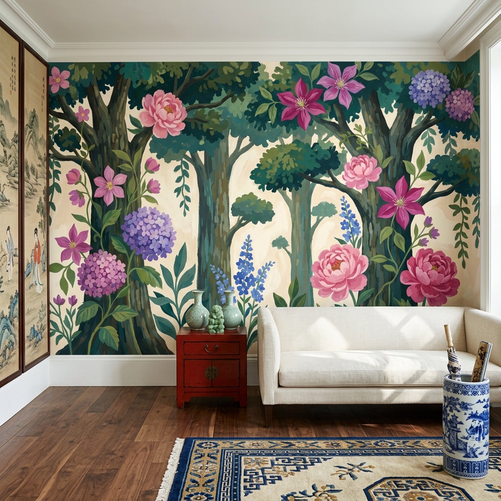 Woodland Floral Wallpaper Botanical Garden Trees And Vines Removable Wall Decor