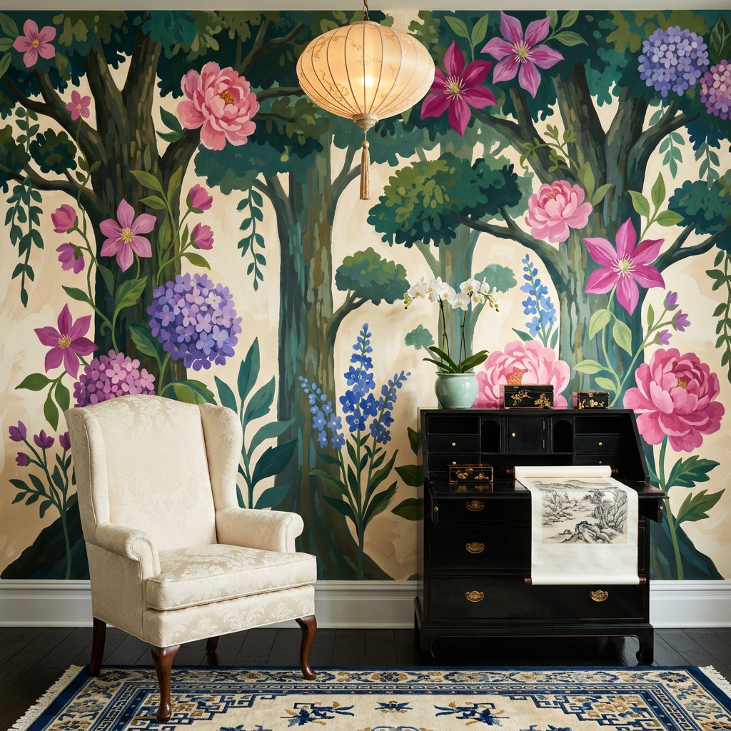 Woodland Floral Wallpaper Botanical Garden Trees And Vines Removable Wall Decor