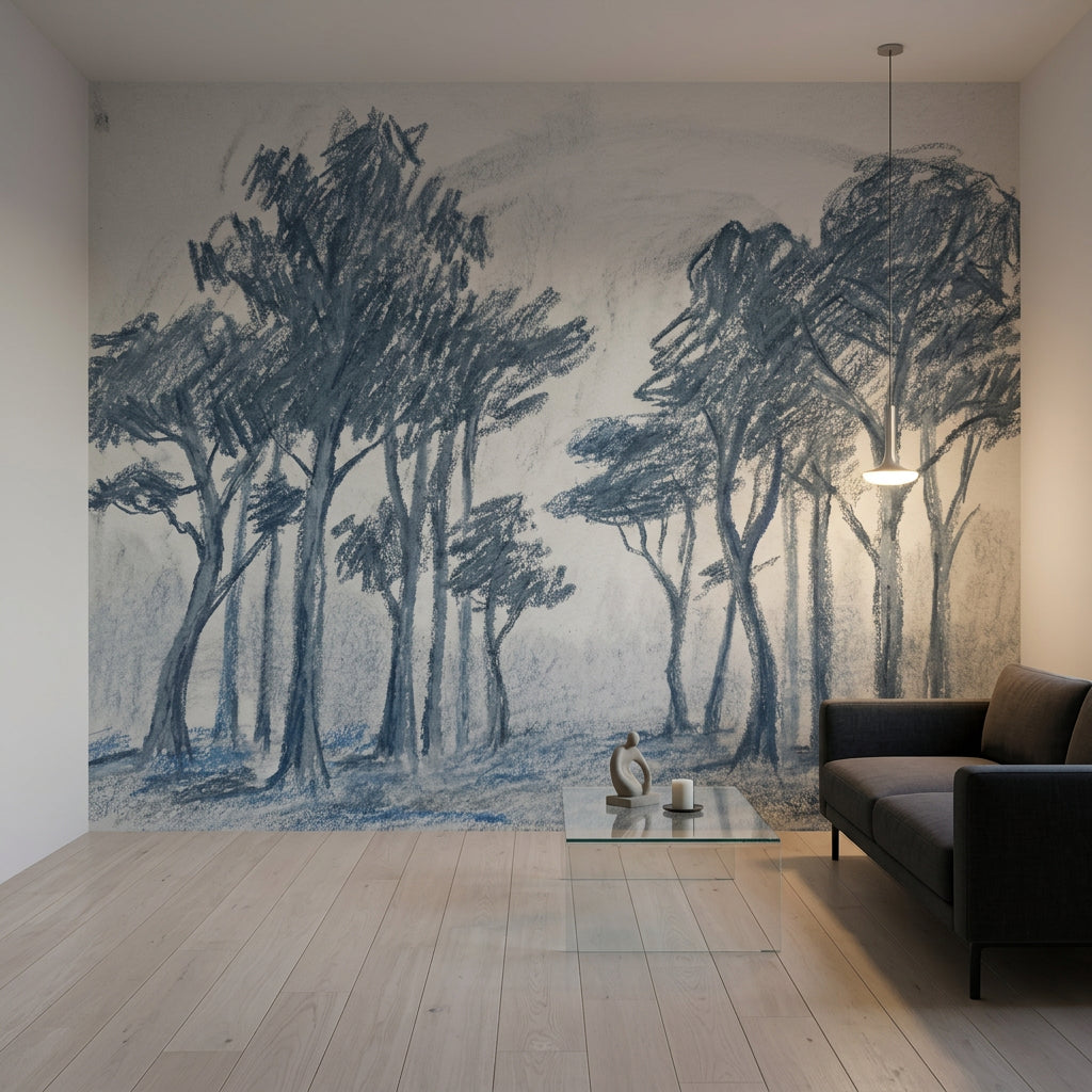 Tree Grove Wallpaper Sketch Blue Gray Wall Mural