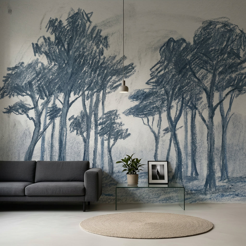 Tree Grove Wallpaper Sketch Blue Gray Wall Mural