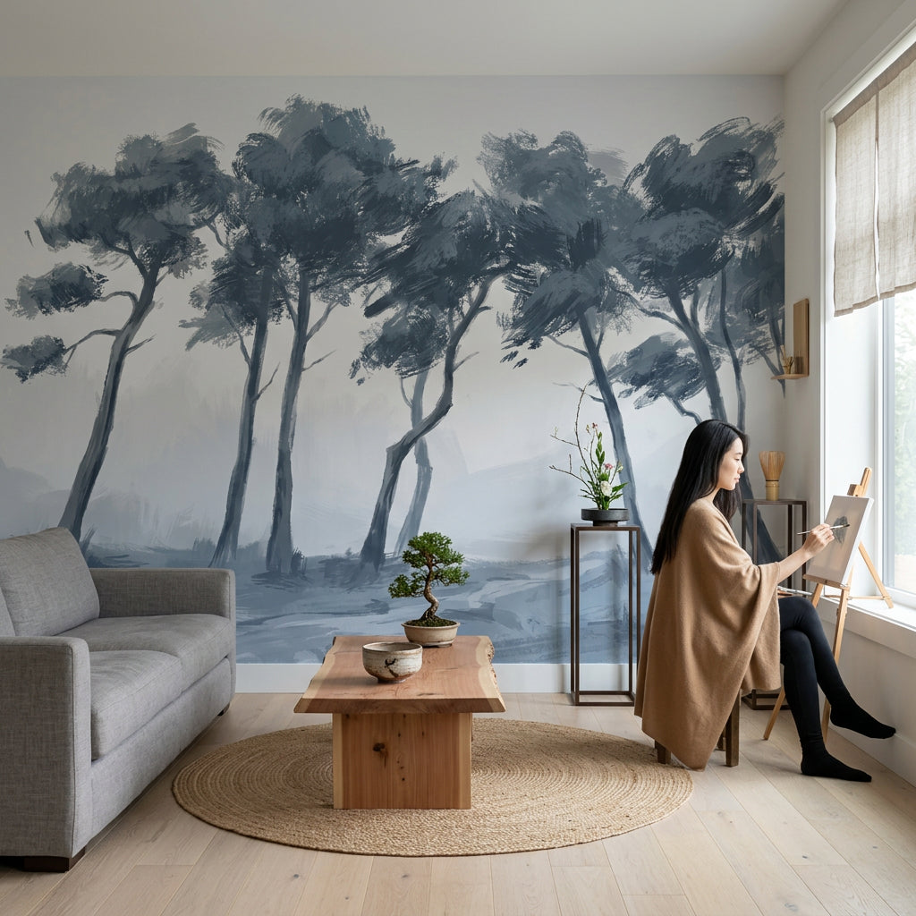 Misty Landscape Wallpaper Windswept Trees Monochrome Blue Gray Removable Wall Decor