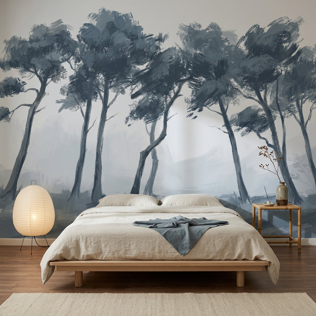 Misty Landscape Wallpaper Windswept Trees Monochrome Blue Gray Removable Wall Decor