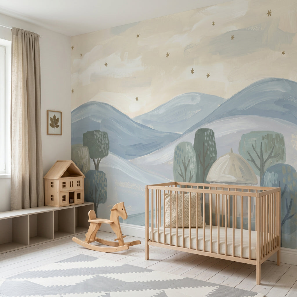Pastel Landscape Wallpaper Rolling Hills Removable Stylized Trees Wall Decor