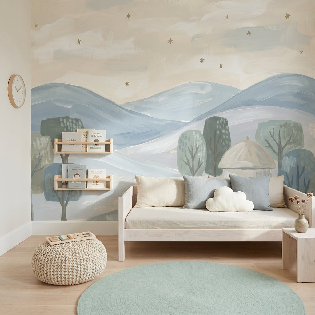 Pastel Landscape Wallpaper Rolling Hills Removable Stylized Trees Wall Decor