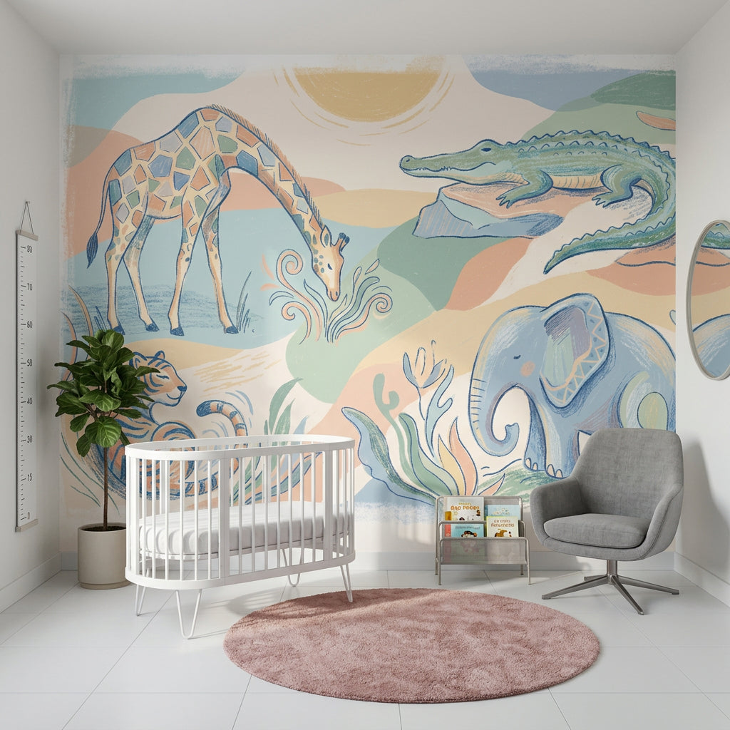 Pastel Safari Animals Wallpaper Giraffe Illustration Crocodile On Rock Wall Mural