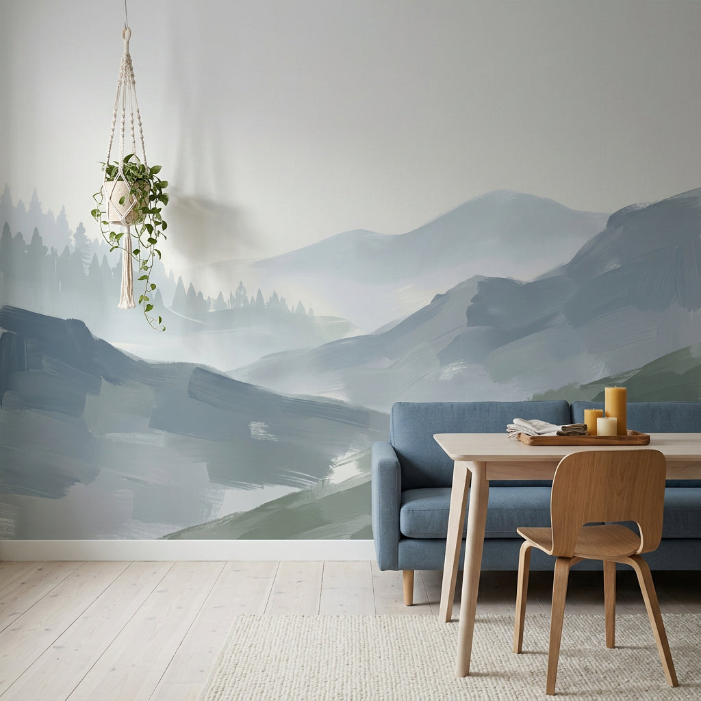 Muted Green Wallpaper Misty Mountains Removable Sage Wall Decor