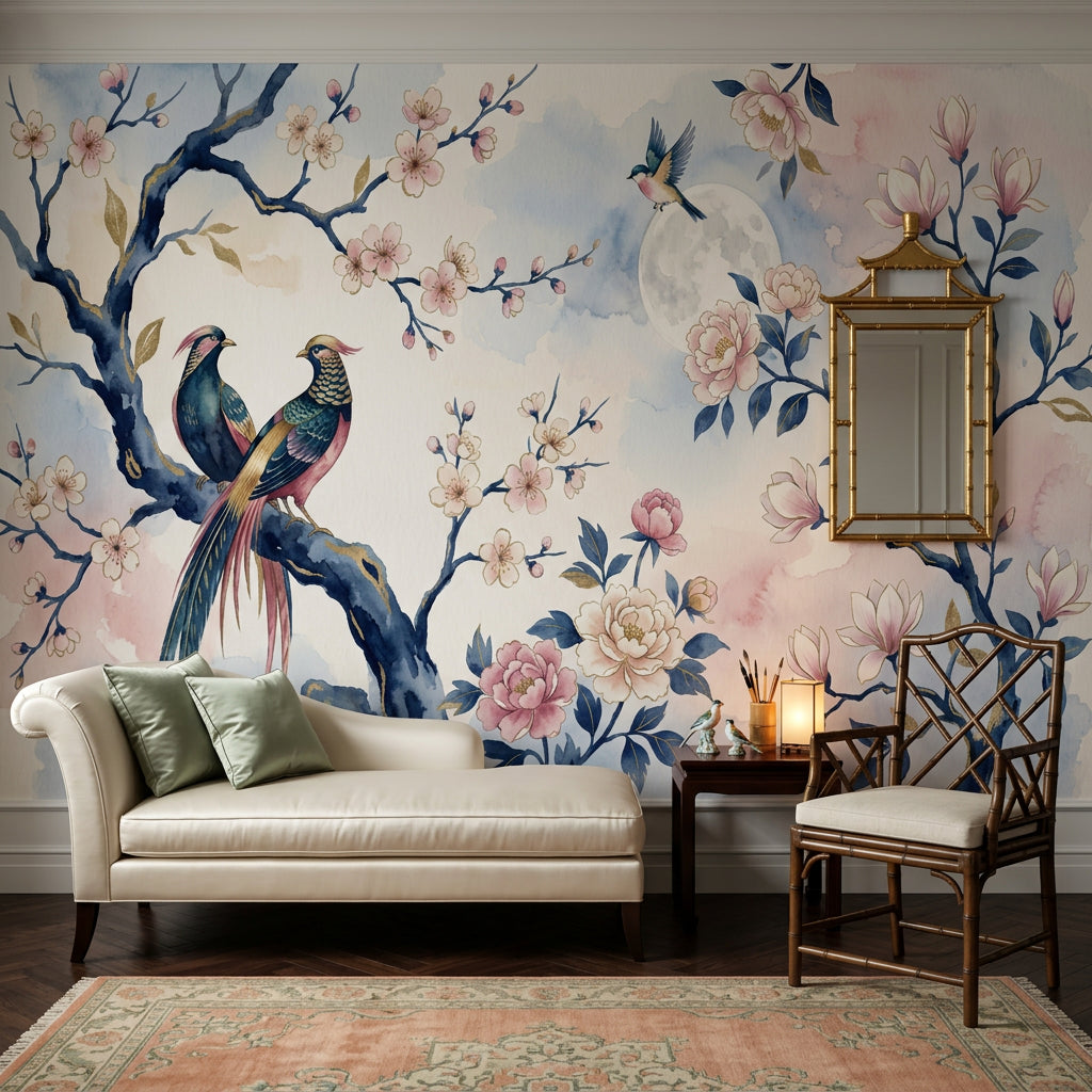 Pink Cherry Wallpaper Blossom Bird Removable Wall Decor