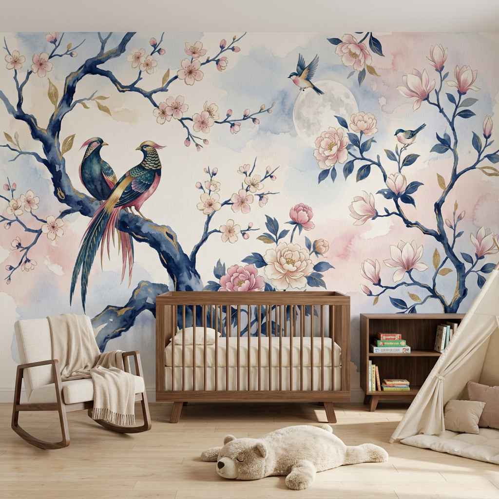 Pink Cherry Wallpaper Blossom Bird Removable Wall Decor