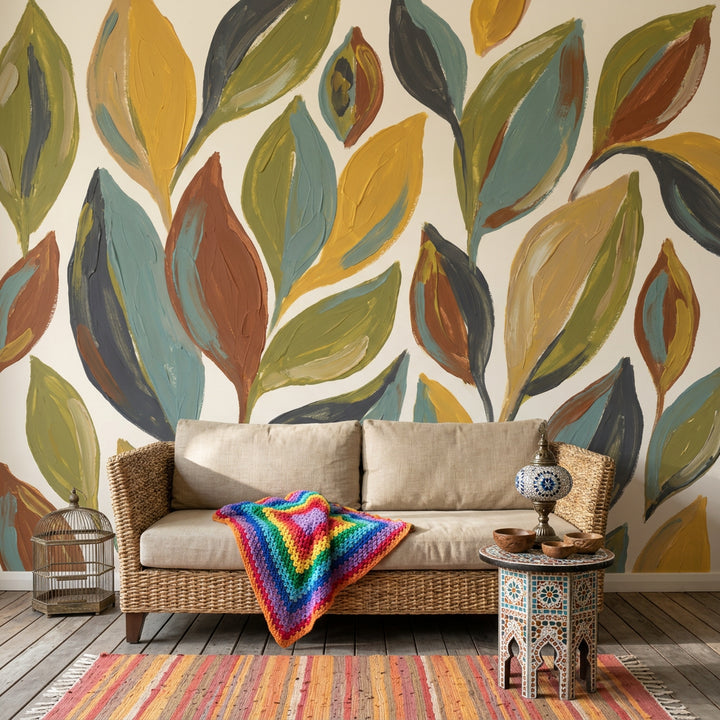 Botanical Leaves Wallpaper Abstract Floral Hand Painted Wall Mural