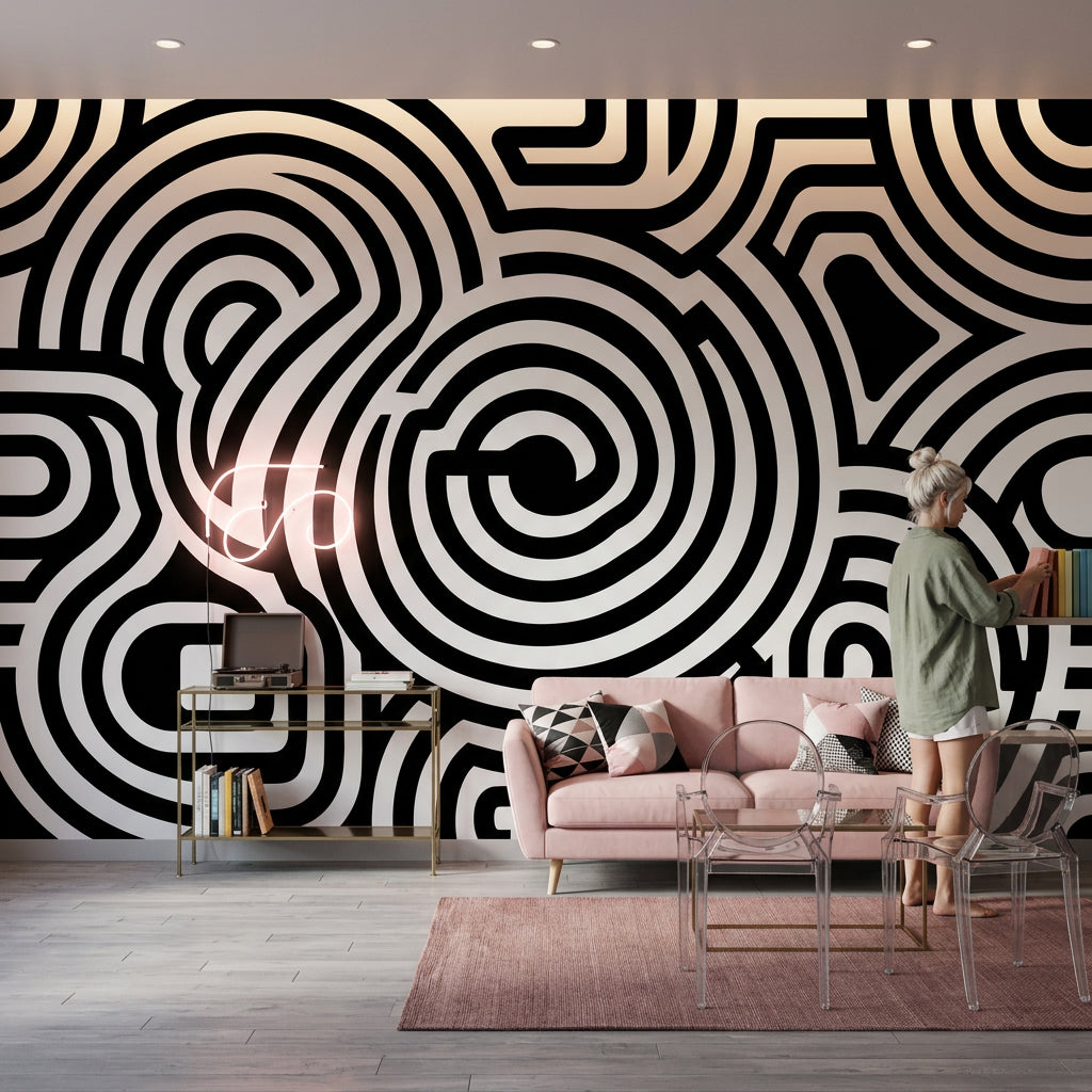Concentric Circles Wallpaper Maze High Contrast Wall Mural