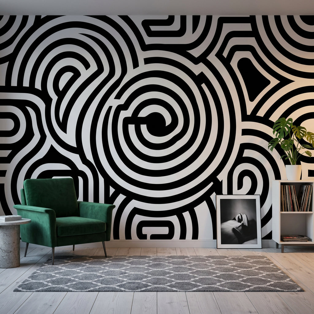 Concentric Circles Wallpaper Maze High Contrast Wall Mural