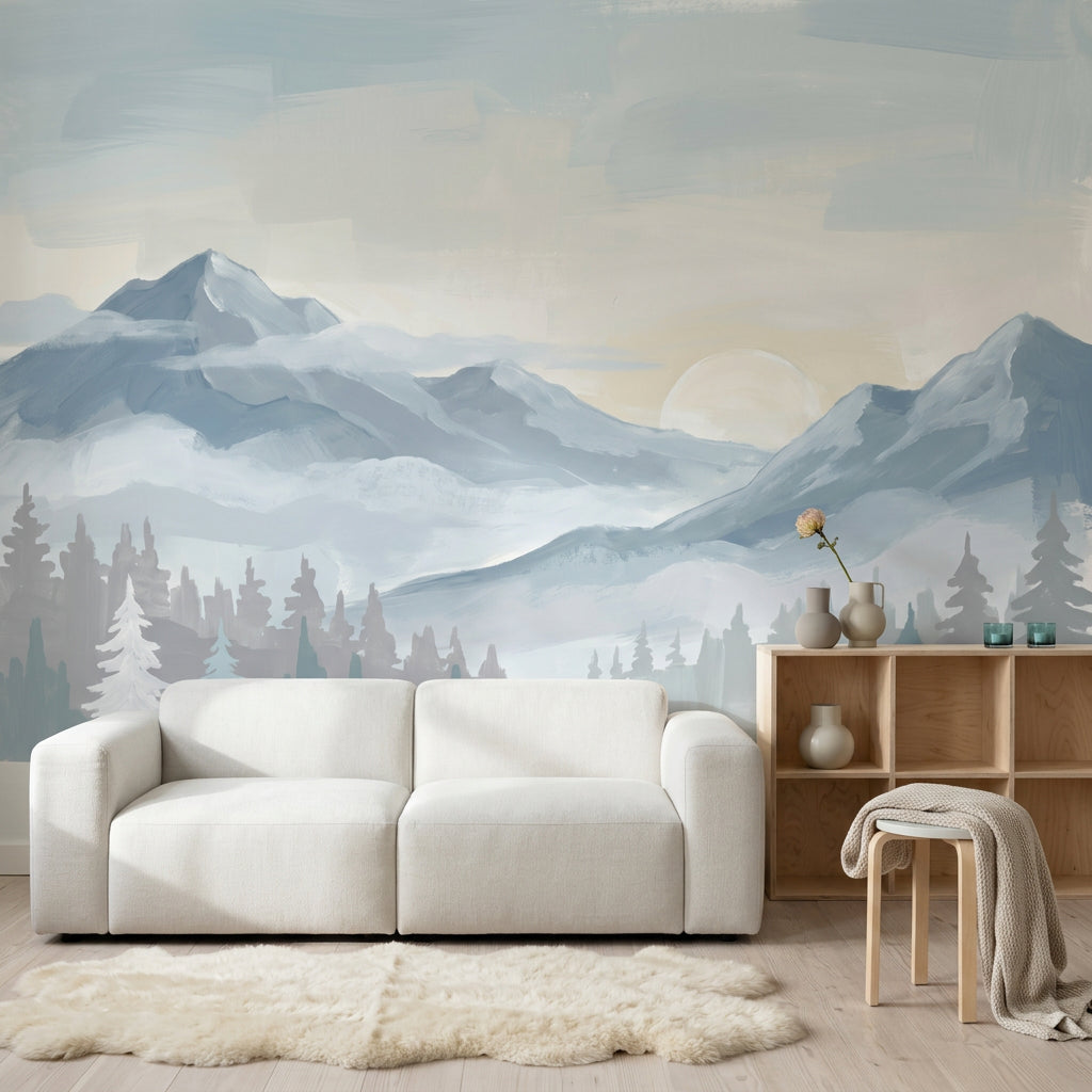 Mountain Landscape Wallpaper Misty Valley Removable Snowy Peaks Wall Decor