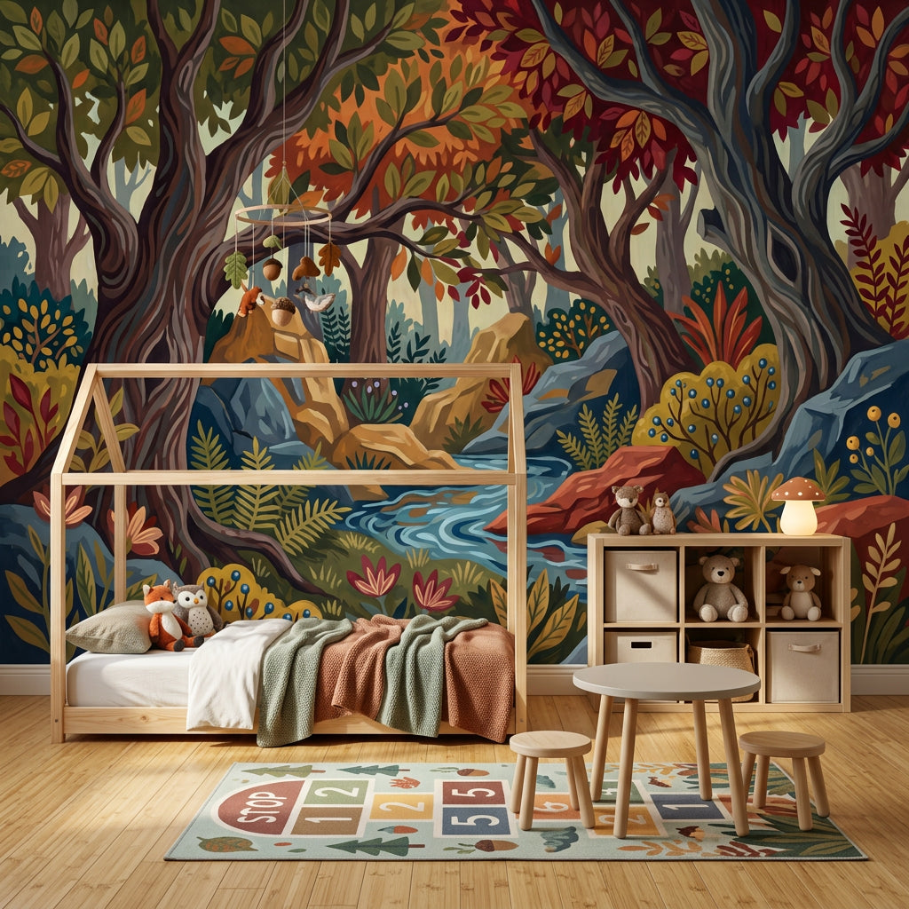 Woodland Landscape Wallpaper Forest Stream Autumn Foliage Removable Wall Decor