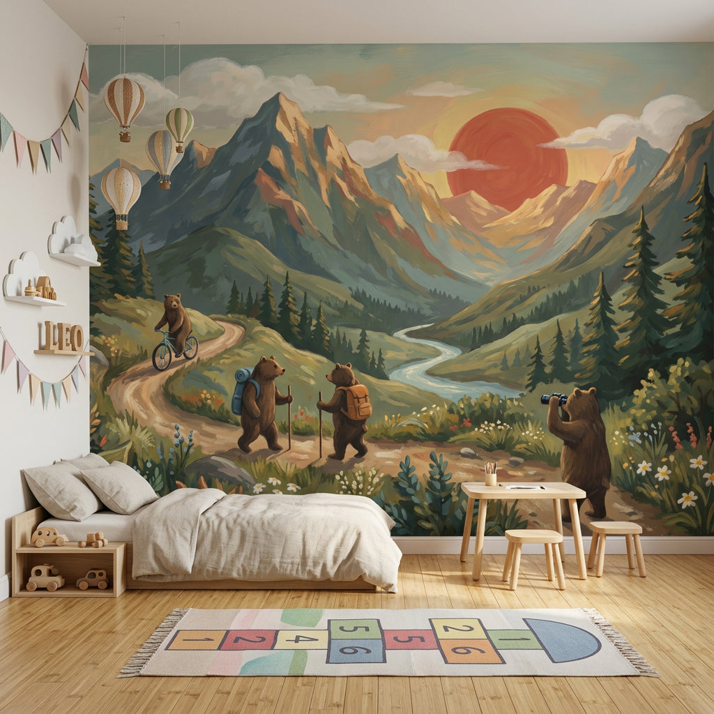 Mountain Landscape Wallpaper Whimsical Bears Outdoor Adventure Removable Wall Decor