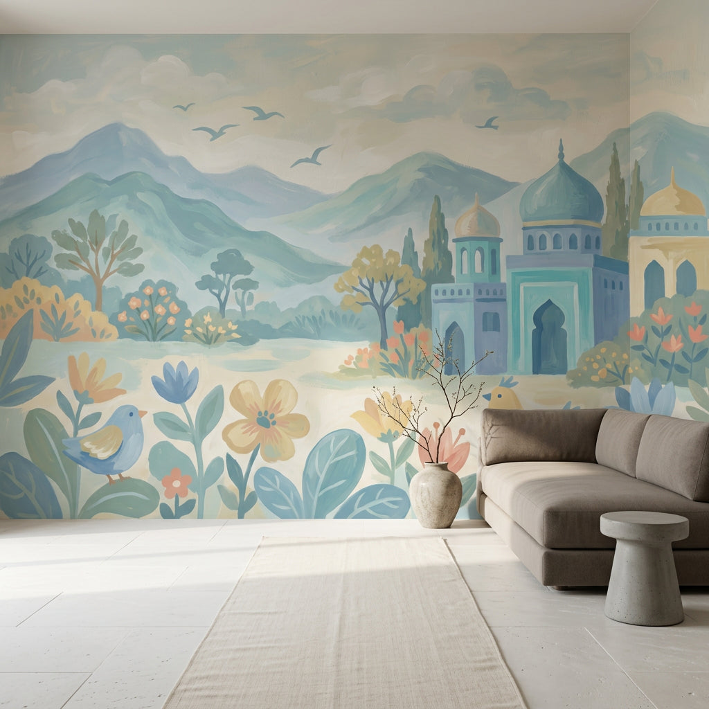 Pastel Landscape Wallpaper Blue Mountains Removable Domed Palace Wall Decor