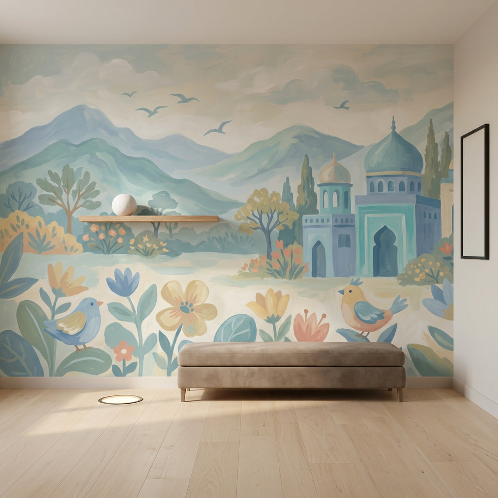 Pastel Landscape Wallpaper Blue Mountains Removable Domed Palace Wall Decor