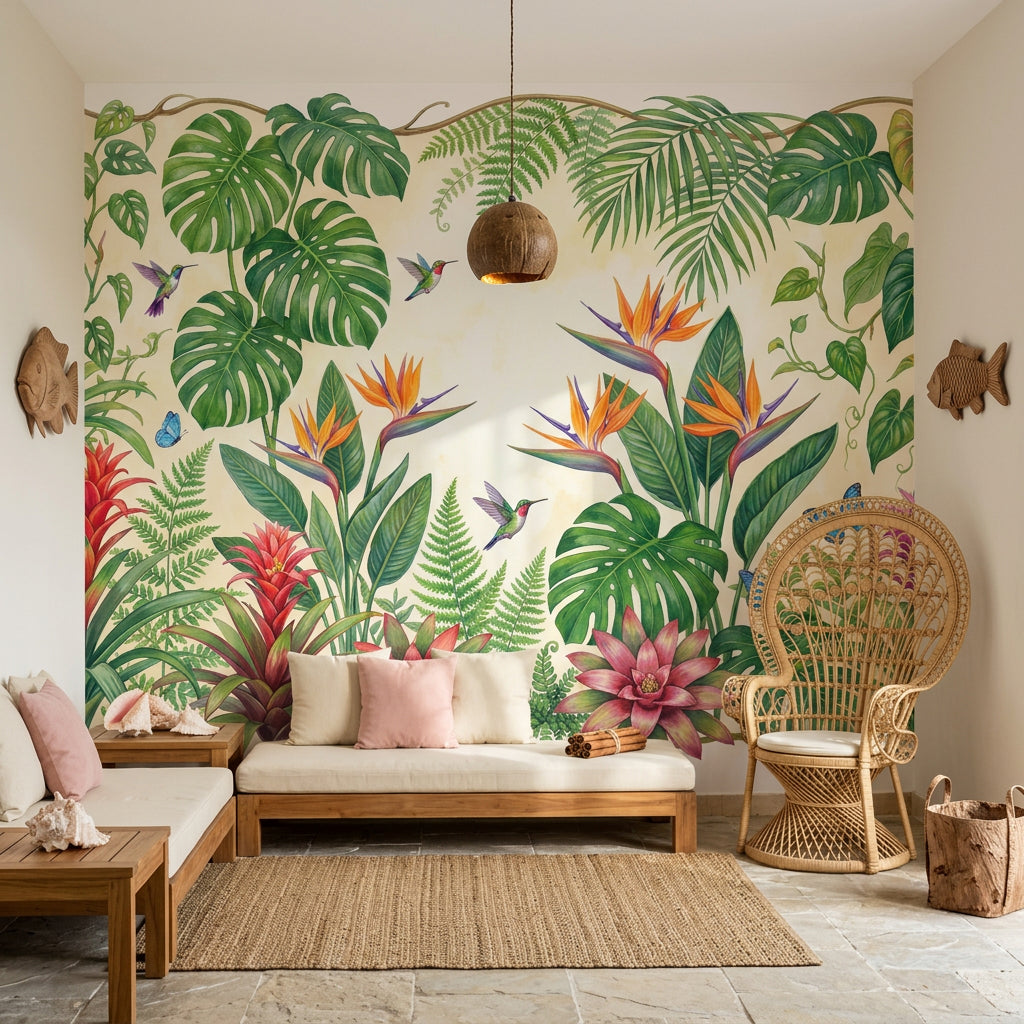 Tropical Botanical Wallpaper Green Foliage Removable Hummingbirds Wall Decor