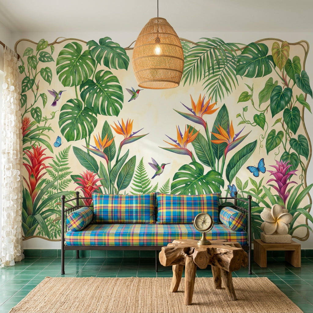 Tropical Botanical Wallpaper Green Foliage Removable Hummingbirds Wall Decor