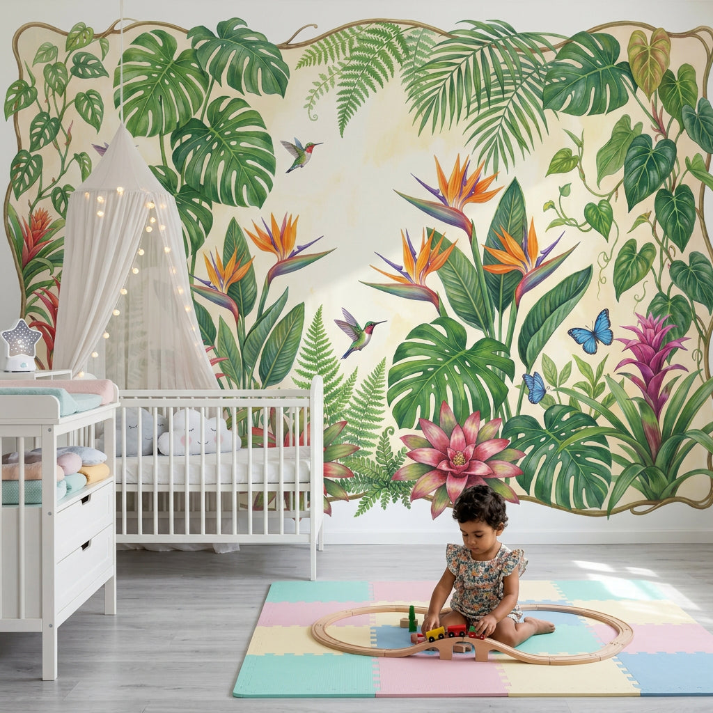 Tropical Botanical Wallpaper Green Foliage Removable Hummingbirds Wall Decor