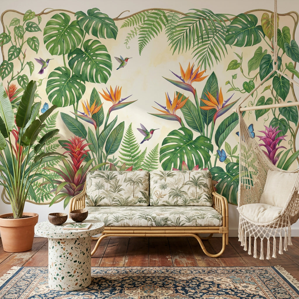 Tropical Botanical Wallpaper Green Foliage Removable Hummingbirds Wall Decor