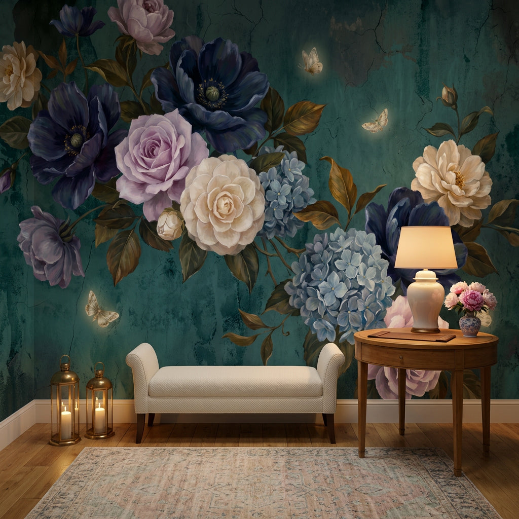 Vintage Botanical Wallpaper Floral Bouquet Dark Teal Background Wall Mural