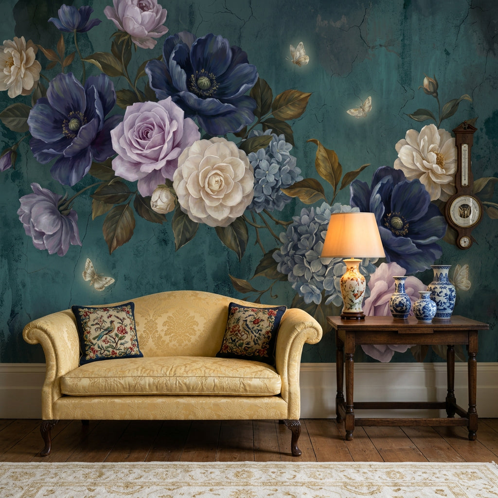 Vintage Botanical Wallpaper Floral Bouquet Dark Teal Background Wall Mural